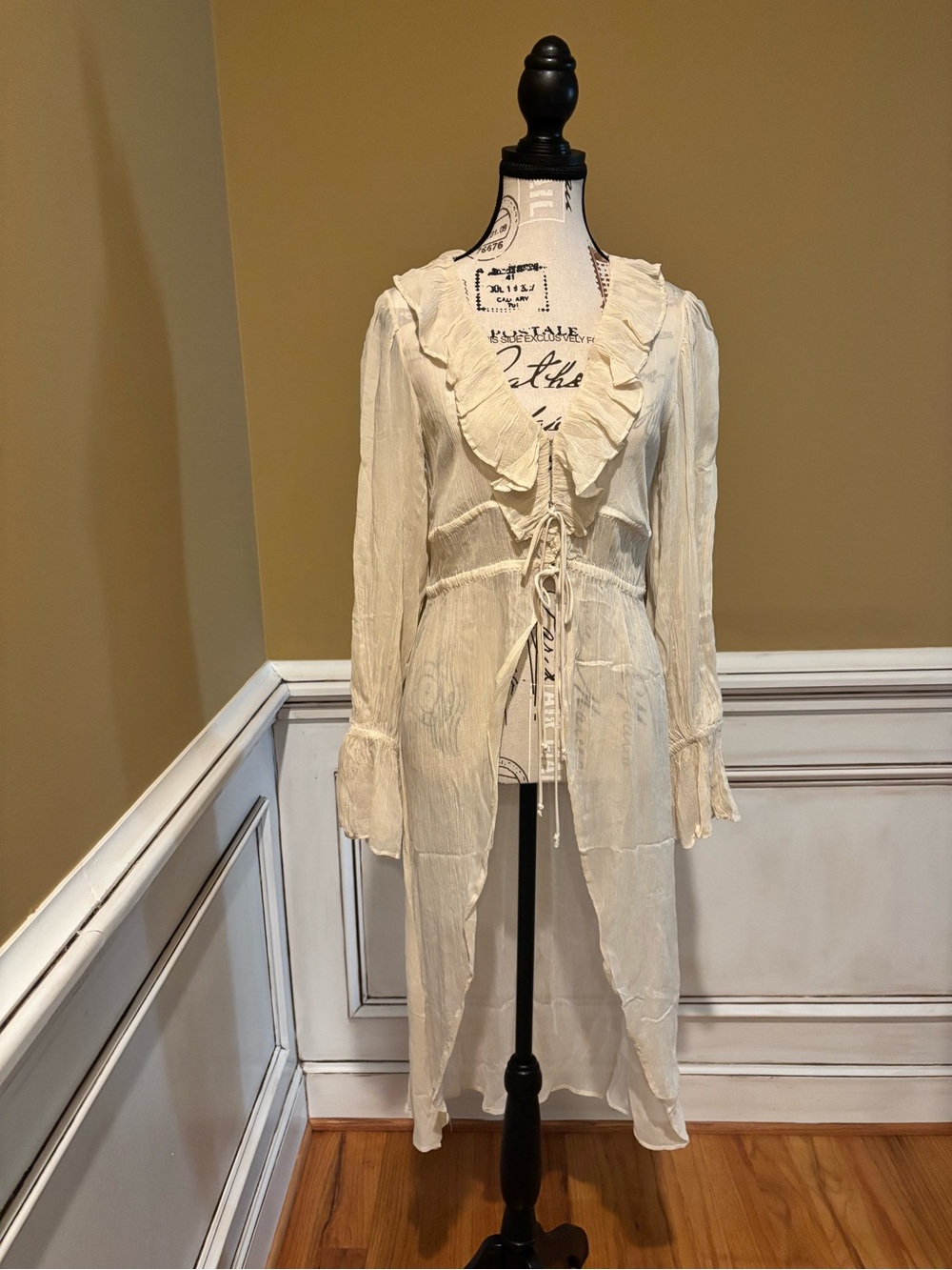 Anthropologie Cream Long Ruffle Tie-Front Top